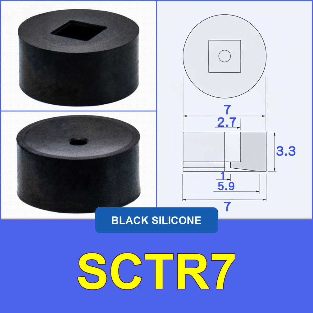 SCTR7 — Black Silicone miniature vacuum cup with cleaned model-specific engineering drawing