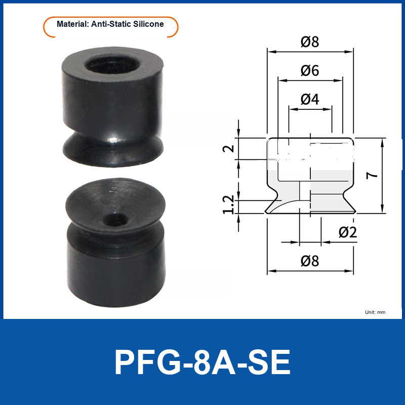 PFG-8A-SE Black Anti-Static Silicone flat vacuum suction cup with technical dimensions