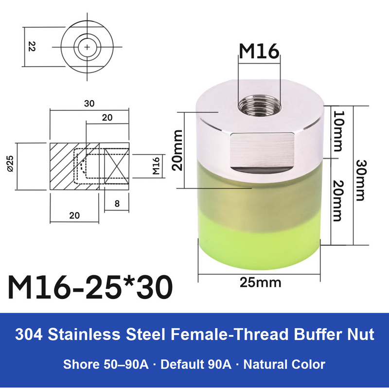 Female Thread M16 – Ø25 × 30 mm, 304 stainless steel polyurethane-coated buffer component