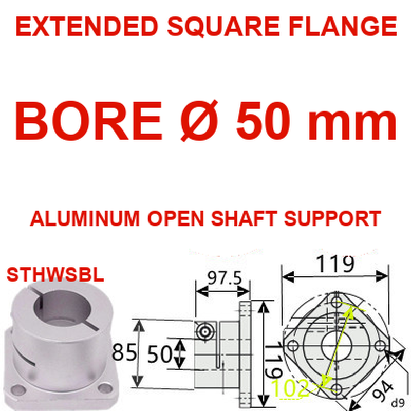 STHWSBL extended square flange aluminum open shaft support, 50 mm bore