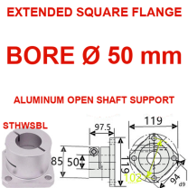 STHWSBL extended square flange aluminum open shaft support, 50 mm bore