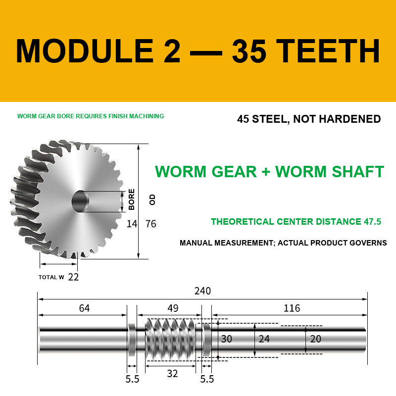 Module 2 — 35 Teeth steel worm gear and worm shaft set with model-specific engineering drawing