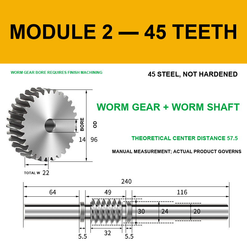 Module 2 — 45 Teeth steel worm gear and worm shaft set with model-specific engineering drawing