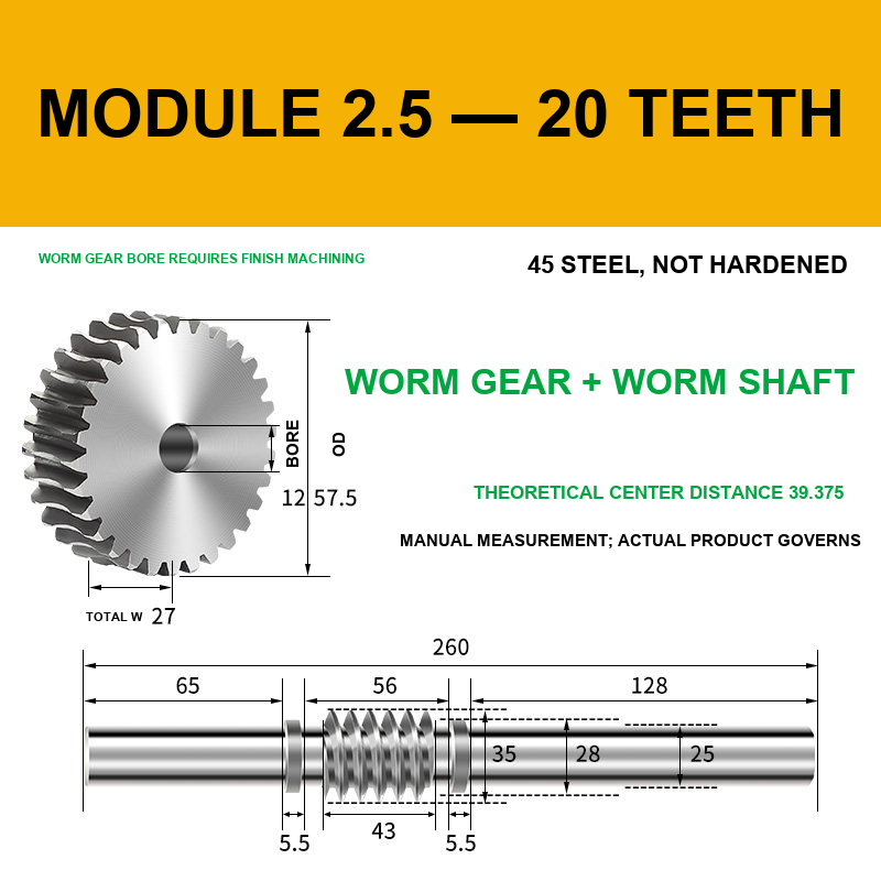 Module 2.5 — 20 Teeth steel worm gear and worm shaft set with model-specific engineering drawing