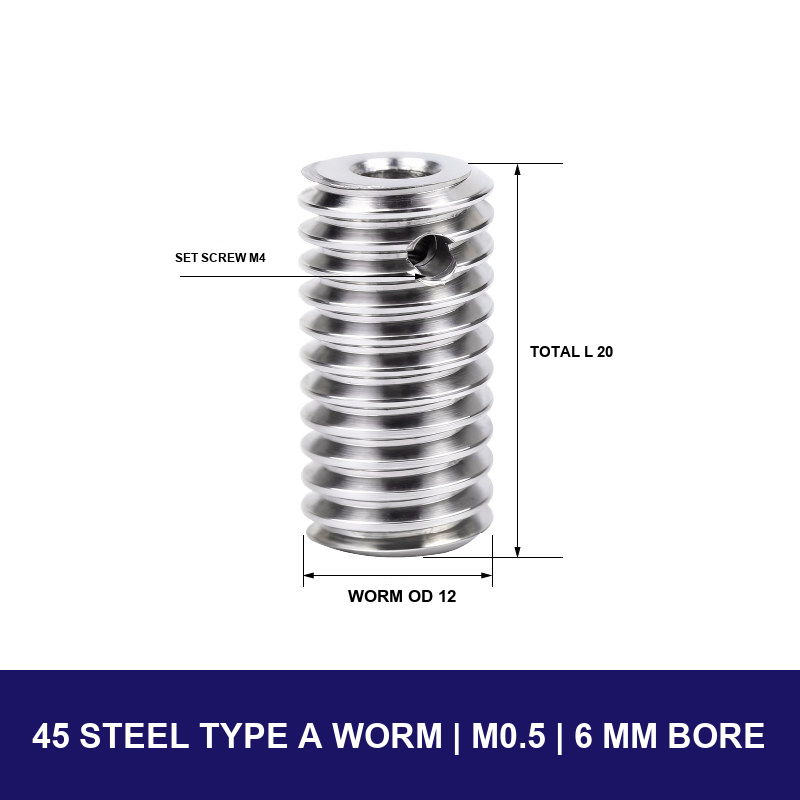 45 Steel Type A Worm — Module 0.5 — 6 mm Bore with model-specific engineering drawing