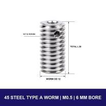 45 Steel Type A Worm — Module 0.5 — 6 mm Bore with model-specific engineering drawing