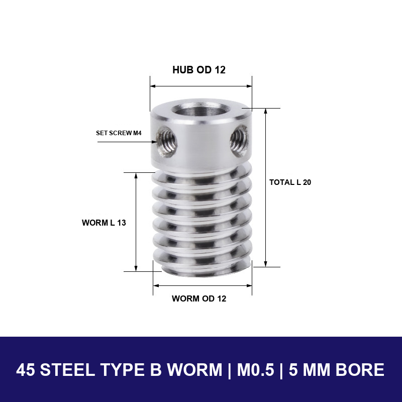 45 Steel Type B Worm — Module 0.5 — 5 mm Bore with model-specific engineering drawing