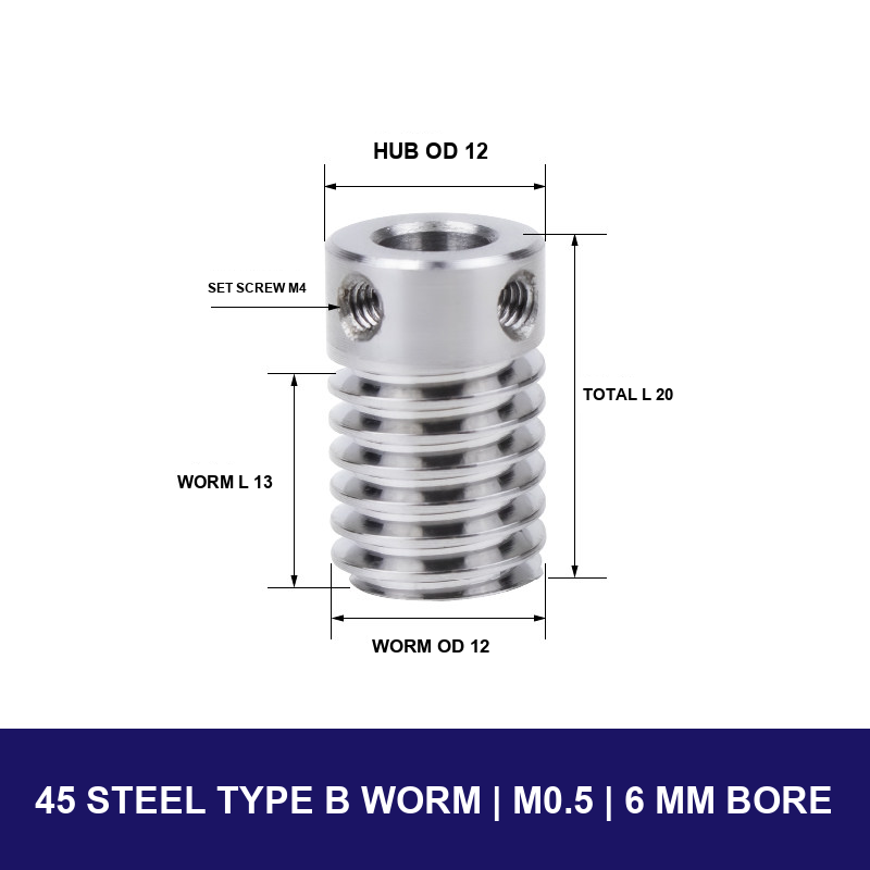 45 Steel Type B Worm — Module 0.5 — 6 mm Bore with model-specific engineering drawing
