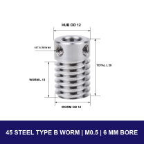 45 Steel Type B Worm — Module 0.5 — 6 mm Bore with model-specific engineering drawing