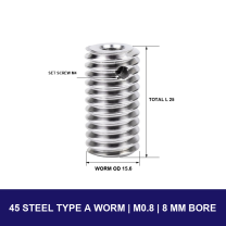 45 Steel Type A Worm — Module 0.8 — 8 mm Bore with model-specific engineering drawing
