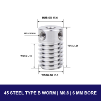 45 Steel Type B Worm — Module 0.8 — 6 mm Bore with model-specific engineering drawing
