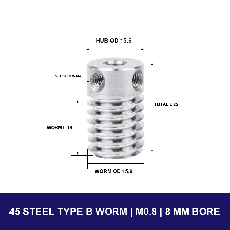 45 Steel Type B Worm — Module 0.8 — 8 mm Bore with model-specific engineering drawing