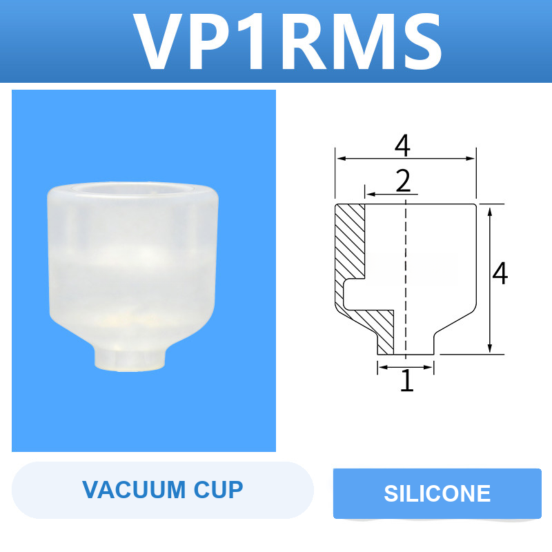 VP1RMS VP series vacuum cup, 1 mm diameter, white silicone, cup only, with product view and dimensional drawing