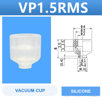 VP1.5RMS VP series vacuum cup, 1.5 mm diameter, white silicone, cup only, with product view and dimensional drawing