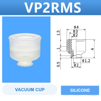 VP2RMS VP series vacuum cup, 2 mm diameter, white silicone, cup only, with product view and dimensional drawing