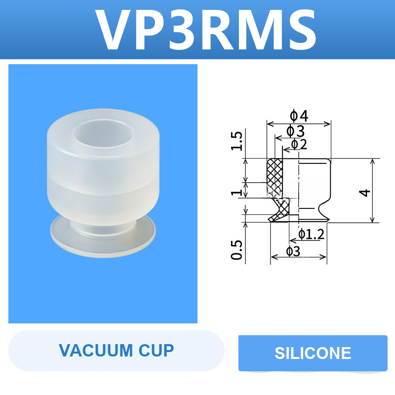 VP3RMS VP series vacuum cup, 3 mm diameter, white silicone, cup only, with product view and dimensional drawing