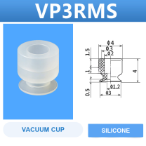 VP3RMS VP series vacuum cup, 3 mm diameter, white silicone, cup only, with product view and dimensional drawing