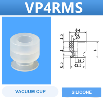 VP4RMS VP series vacuum cup, 4 mm diameter, white silicone, cup only, with product view and dimensional drawing