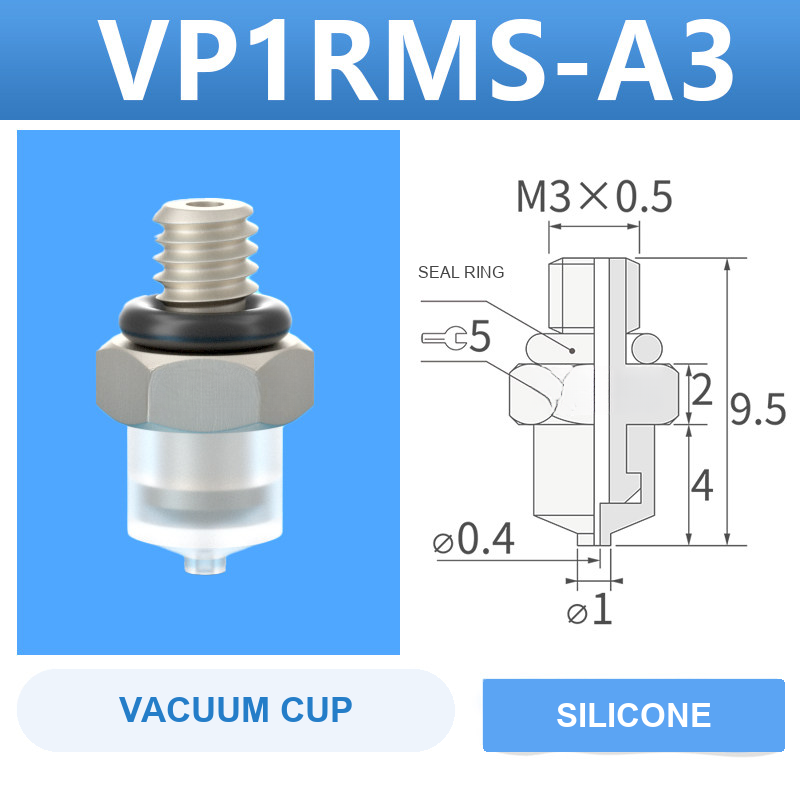 VP1RMS-A3 VP series vacuum cup, 1 mm diameter, white silicone, with A3 threaded adapter, with product view and dimensional drawing