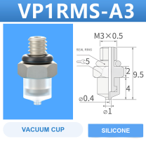 VP1RMS-A3 VP series vacuum cup, 1 mm diameter, white silicone, with A3 threaded adapter, with product view and dimensional drawing