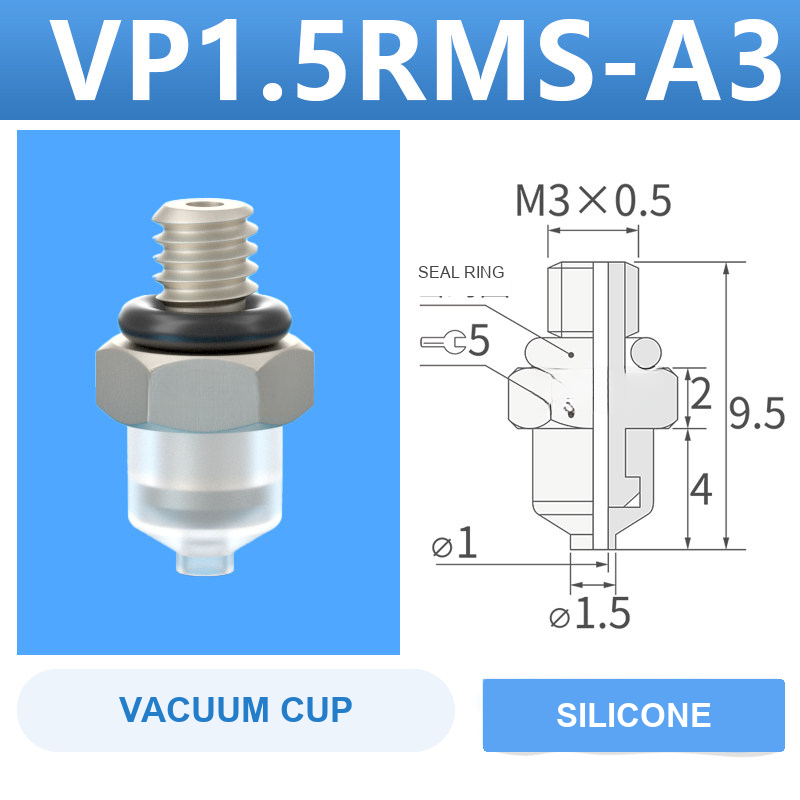 VP1.5RMS-A3 VP series vacuum cup, 1.5 mm diameter, white silicone, with A3 threaded adapter, with product view and dimensional drawing