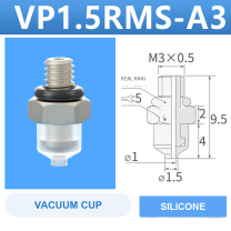 VP1.5RMS-A3 VP series vacuum cup, 1.5 mm diameter, white silicone, with A3 threaded adapter, with product view and dimensional drawing