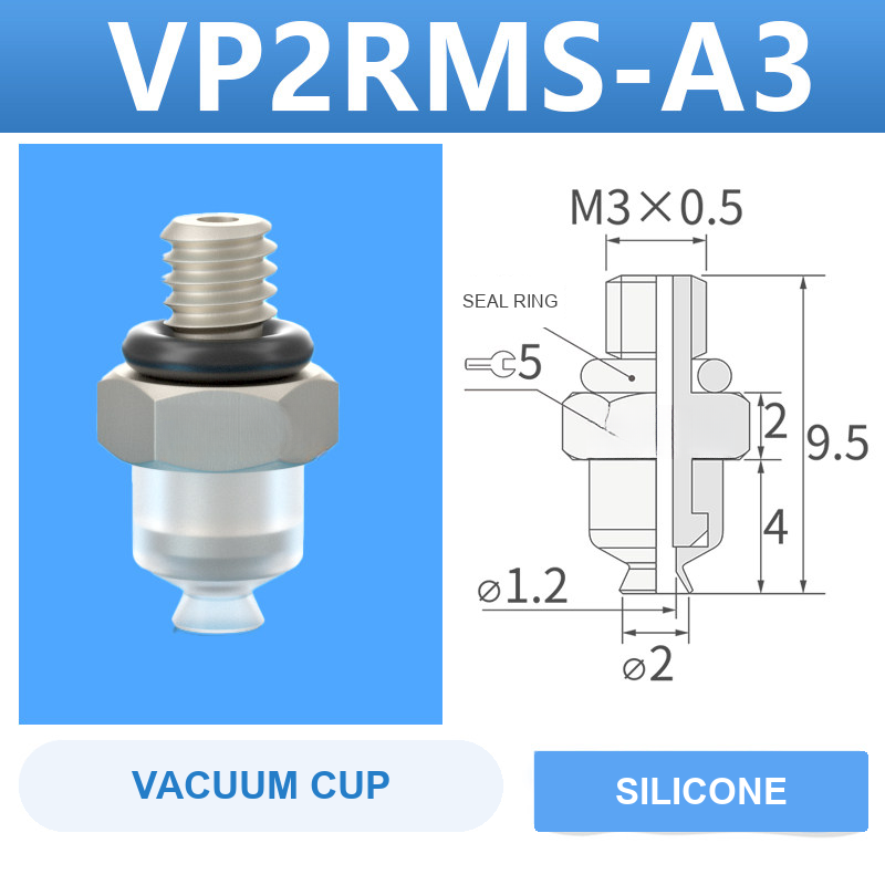 VP2RMS-A3 VP series vacuum cup, 2 mm diameter, white silicone, with A3 threaded adapter, with product view and dimensional drawing