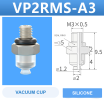 VP2RMS-A3 VP series vacuum cup, 2 mm diameter, white silicone, with A3 threaded adapter, with product view and dimensional drawing