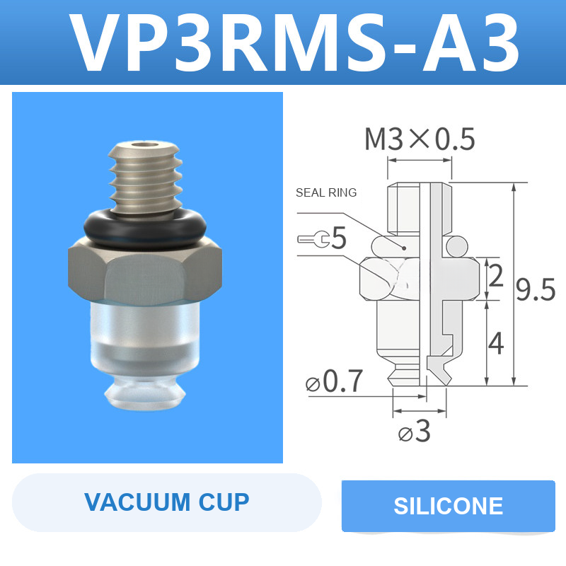 VP3RMS-A3 VP series vacuum cup, 3 mm diameter, white silicone, with A3 threaded adapter, with product view and dimensional drawing