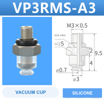VP3RMS-A3 VP series vacuum cup, 3 mm diameter, white silicone, with A3 threaded adapter, with product view and dimensional drawing