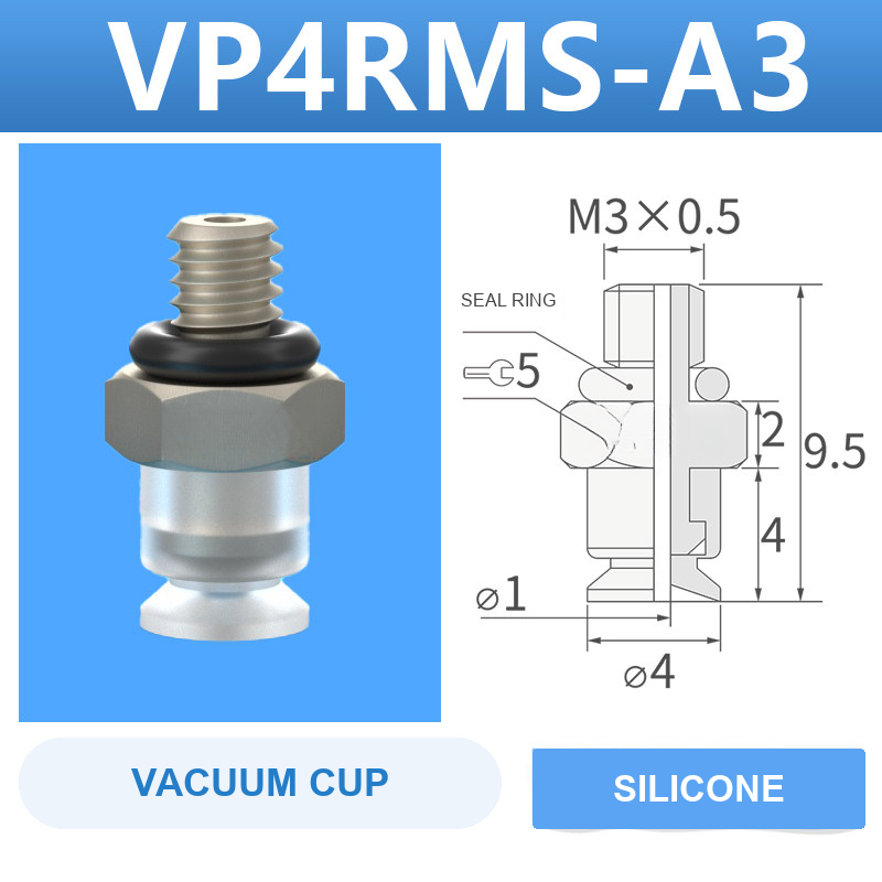 VP4RMS-A3 VP series vacuum cup, 4 mm diameter, white silicone, with A3 threaded adapter, with product view and dimensional drawing