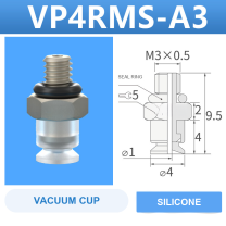 VP4RMS-A3 VP series vacuum cup, 4 mm diameter, white silicone, with A3 threaded adapter, with product view and dimensional drawing