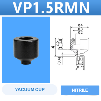 VP1.5RMN VP series vacuum cup, 1.5 mm diameter, black nitrile rubber, cup only, with product view and dimensional drawing