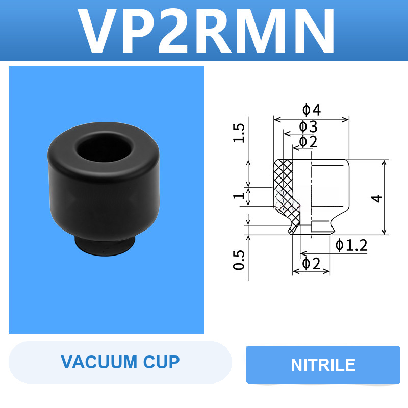 VP2RMN VP series vacuum cup, 2 mm diameter, black nitrile rubber, cup only, with product view and dimensional drawing