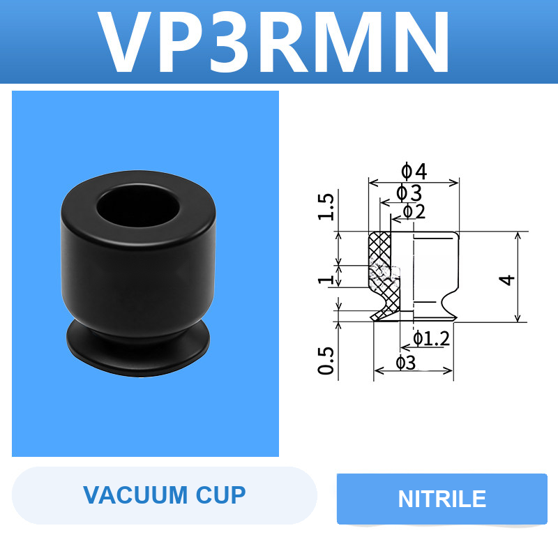 VP3RMN VP series vacuum cup, 3 mm diameter, black nitrile rubber, cup only, with product view and dimensional drawing
