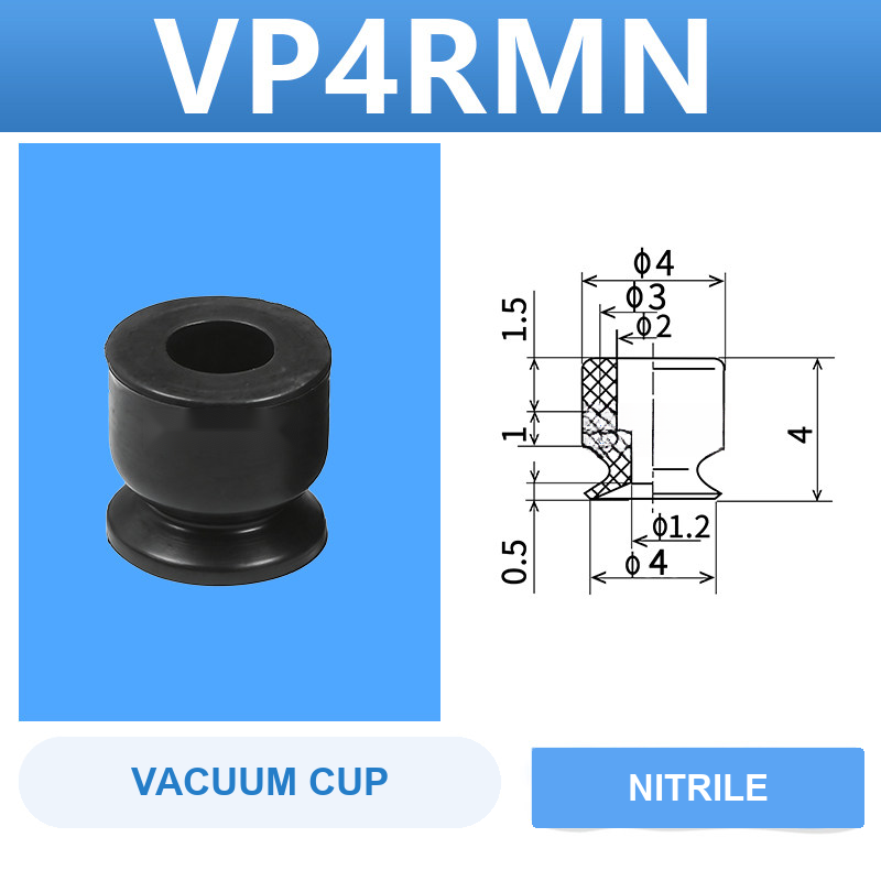 VP4RMN VP series vacuum cup, 4 mm diameter, black nitrile rubber, cup only, with product view and dimensional drawing