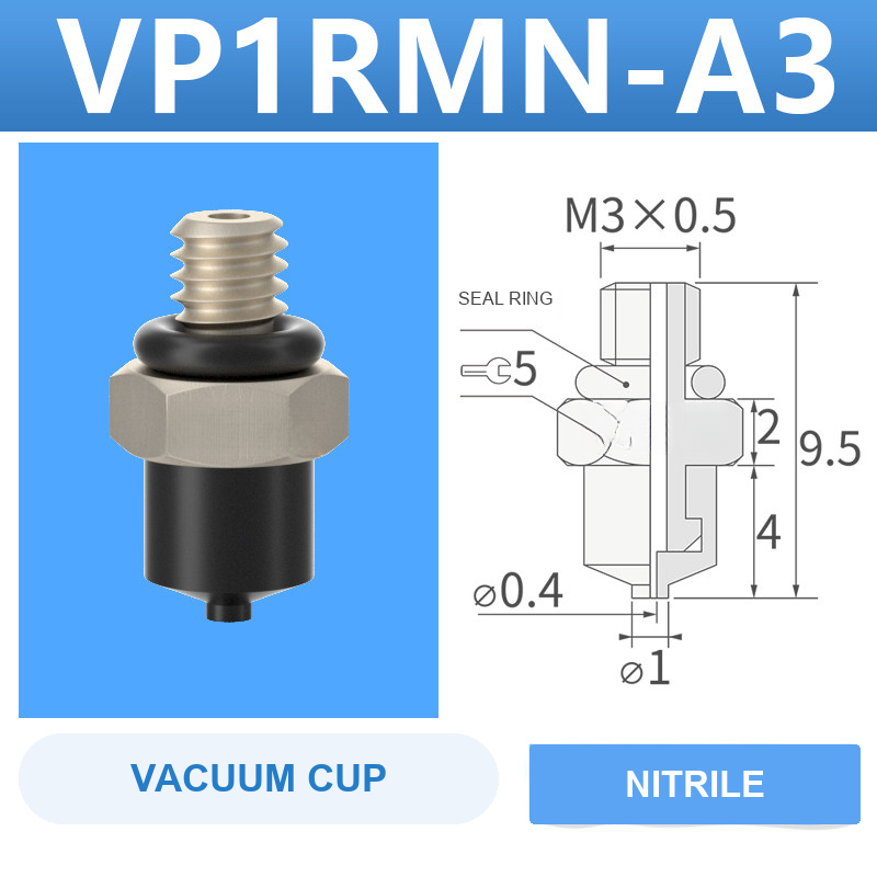 VP1RMN-A3 VP series vacuum cup, 1 mm diameter, black nitrile rubber, with A3 threaded adapter, with product view and dimensional drawing