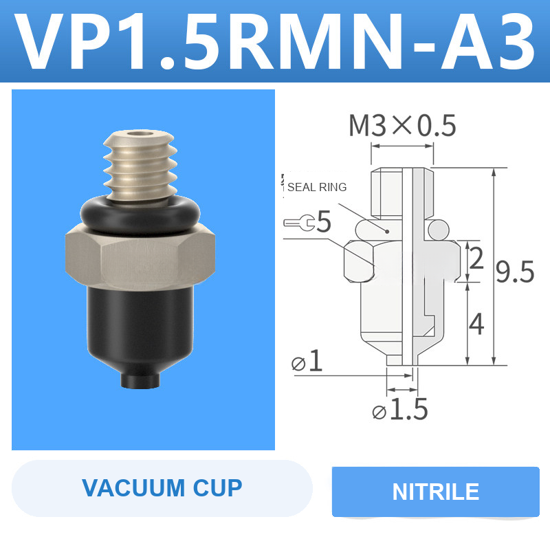 VP1.5RMN-A3 VP series vacuum cup, 1.5 mm diameter, black nitrile rubber, with A3 threaded adapter, with product view and dimensional drawing