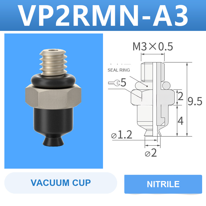 VP2RMN-A3 VP series vacuum cup, 2 mm diameter, black nitrile rubber, with A3 threaded adapter, with product view and dimensional drawing