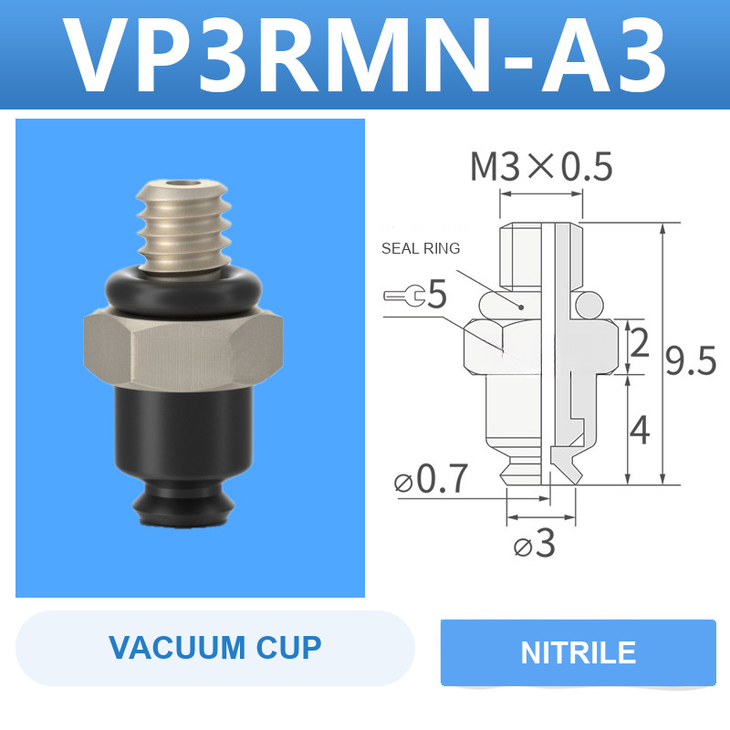 VP3RMN-A3 VP series vacuum cup, 3 mm diameter, black nitrile rubber, with A3 threaded adapter, with product view and dimensional drawing