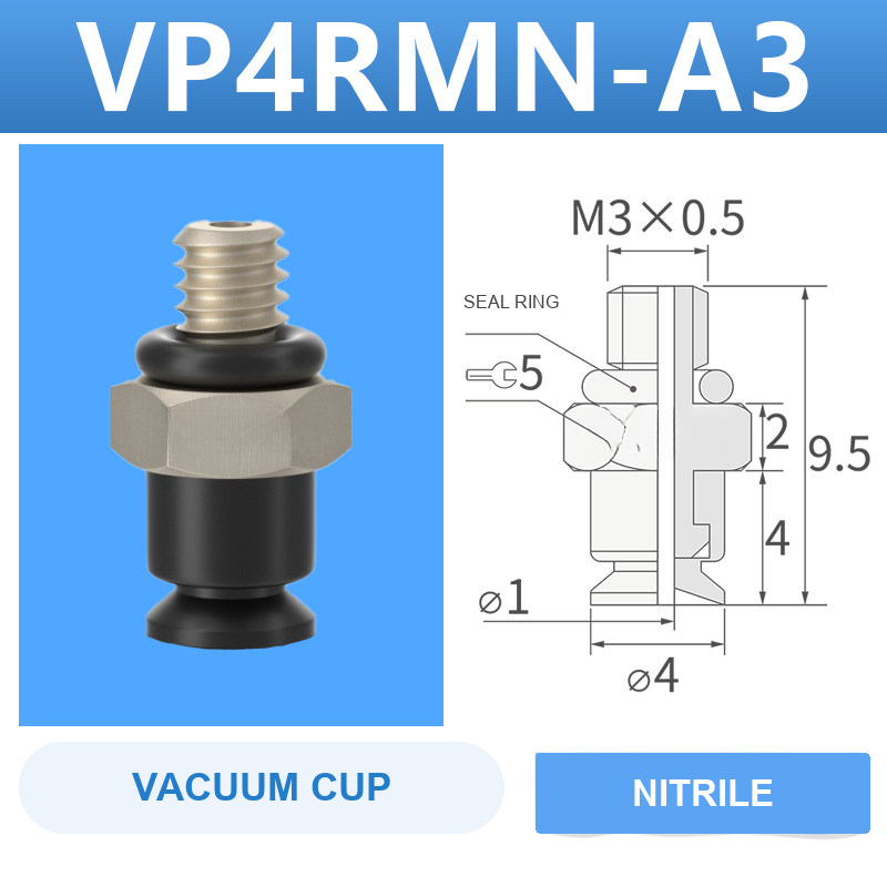 VP4RMN-A3 VP series vacuum cup, 4 mm diameter, black nitrile rubber, with A3 threaded adapter, with product view and dimensional drawing