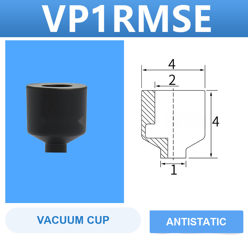 VP1RMSE VP series vacuum cup, 1 mm diameter, black antistatic rubber, cup only, with product view and dimensional drawing