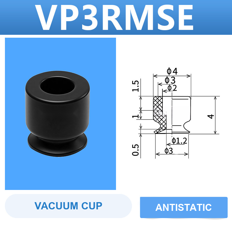 VP3RMSE VP series vacuum cup, 3 mm diameter, black antistatic rubber, cup only, with product view and dimensional drawing