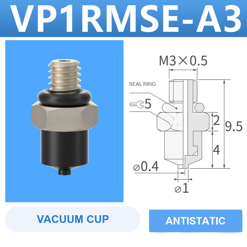 VP1RMSE-A3 VP series vacuum cup, 1 mm diameter, black antistatic rubber, with A3 threaded adapter, with product view and dimensional drawing