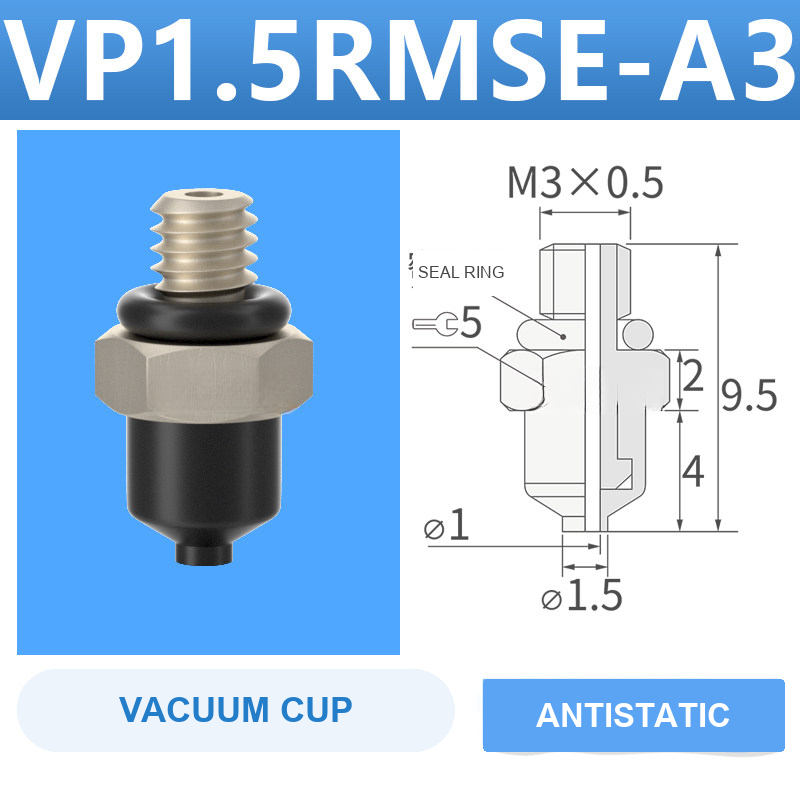 VP1.5RMSE-A3 VP series vacuum cup, 1.5 mm diameter, black antistatic rubber, with A3 threaded adapter, with product view and dimensional drawing