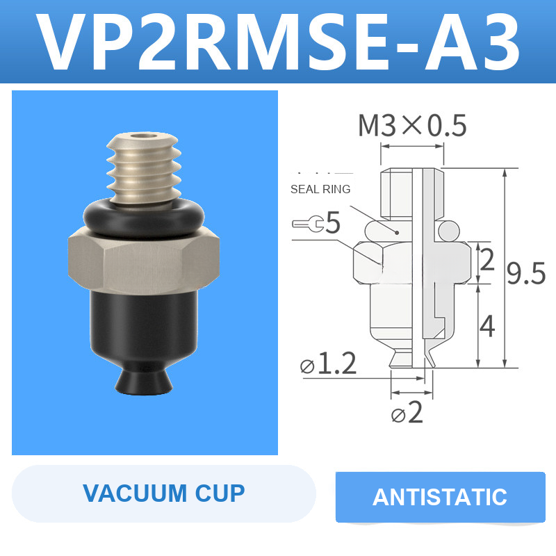 VP2RMSE-A3 VP series vacuum cup, 2 mm diameter, black antistatic rubber, with A3 threaded adapter, with product view and dimensional drawing