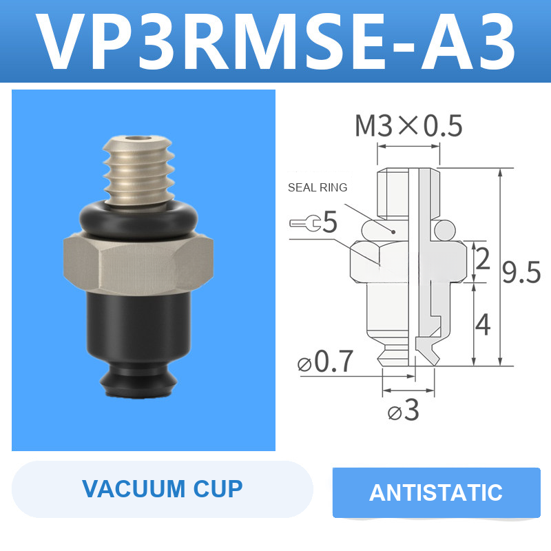 VP3RMSE-A3 VP series vacuum cup, 3 mm diameter, black antistatic rubber, with A3 threaded adapter, with product view and dimensional drawing