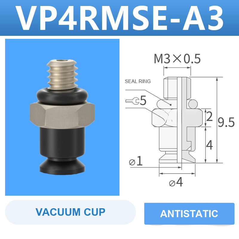 VP4RMSE-A3 VP series vacuum cup, 4 mm diameter, black antistatic rubber, with A3 threaded adapter, with product view and dimensional drawing