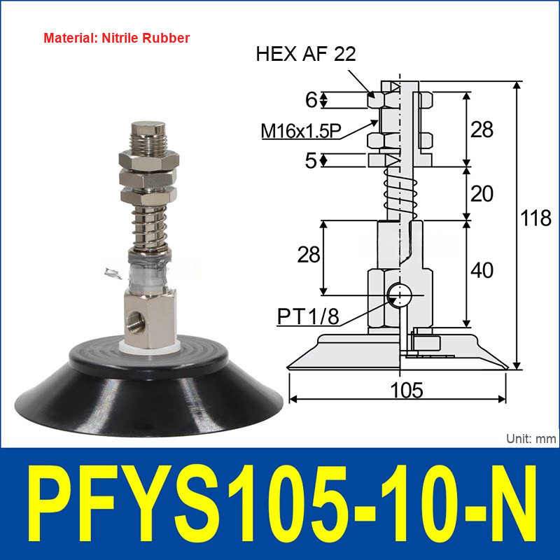 PFYS-105-10-N – Ø105 mm, 10 mm Stroke, Nitrile Rubber, black nitrile rubber spring-loaded vacuum cup assembly, M16 x 1.5 mount, PT1/8 port, 22 mm hex, with dimensions