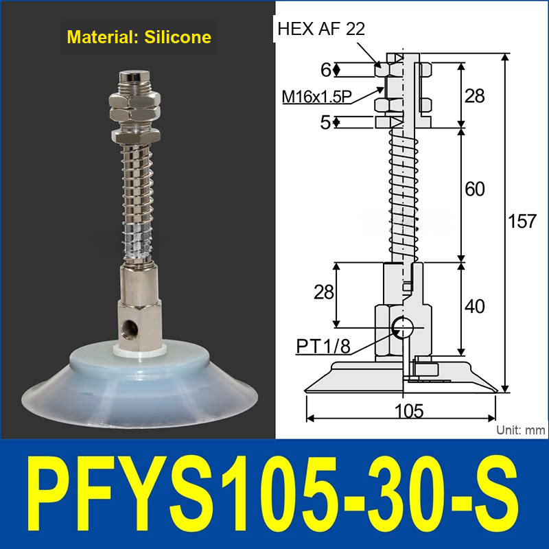 PFYS-105-30-S – Ø105 mm, 30 mm Stroke, Silicone, translucent white silicone spring-loaded vacuum cup assembly, M16 x 1.5 mount, PT1/8 port, 22 mm hex, with dimensions